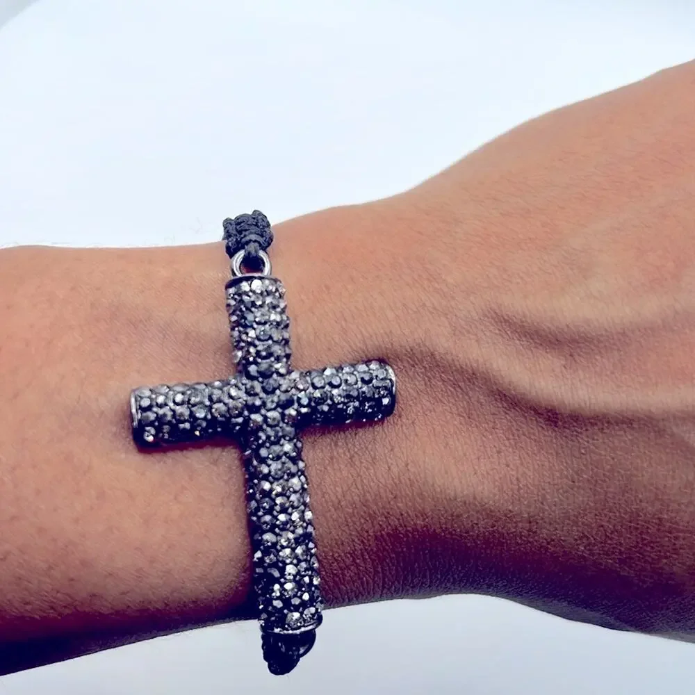 Vintage Rhinestone Religious Sideways Cross Adjustable Bracelet